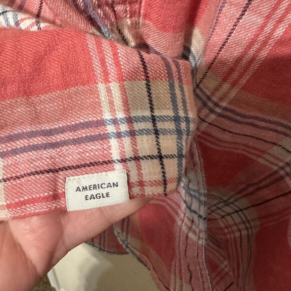 American Eagle Hooded Flannel Shirt Mens Size L pink plaid super soft grunge - Picture 5 of 8